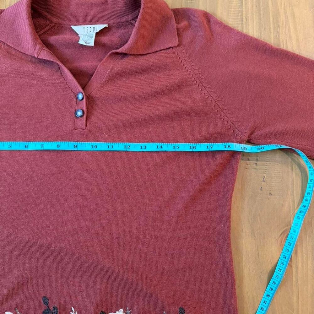 Teddi Rust Embroidered Knit Polo Sweater Cottagecore Autumn Floral Fall - Picture 8 of 8